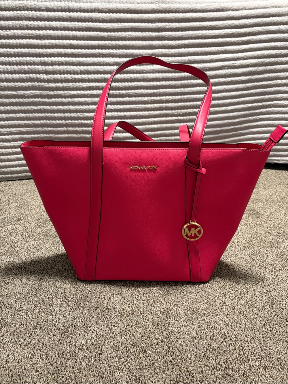 Michael Kors Hot Pink Saffiano Leather Tote with Gold MK Charm